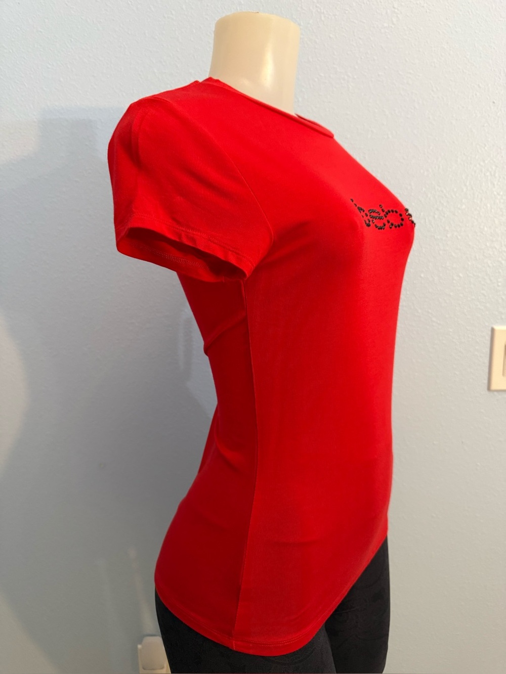 Bebe Red with Black Rhinestone Logo Tee shirt short sleeve NWT - Picture 2 of 5